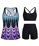 HUSKARY 3 Piece Swimsuits for Women Over 50 Adjustable Straps Scoop Neck Bathing Suits Athletic Tankini Set Purple Peacock 18W