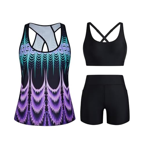 HUSKARY 3 Piece Tankini Swimsuits for Women Swim Tank Top with Bra and High Waist Boy Shorts with Pockets Purple Peacock Small