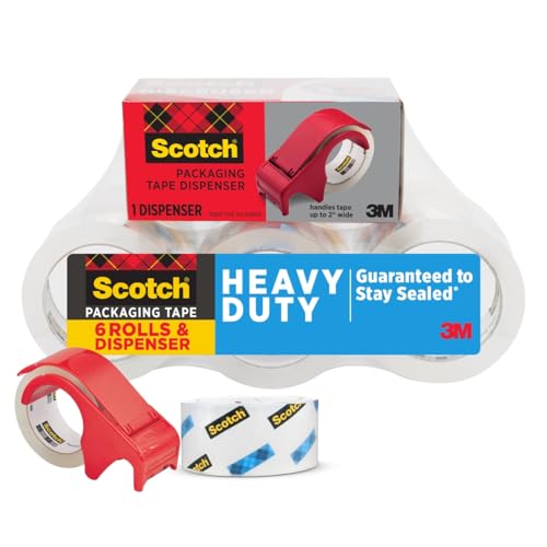 Scotch Heavy Duty Shipping Packing Tape, Clear, Shipping and Packaging Supplies, 1.88 in. x 54.6 yd., 6 Tape Rolls with 1 Dispenser