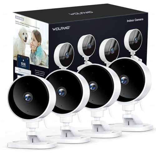 WOLFANG Telecamera WiFi Interno, Videocamera Sorveglianza 1080P, Visione Notturna, Audio Bidirezionale, Notifiche del Sensore di Movimento, scheda SD e archiviazione cloud, 360°, Confezione da 4
