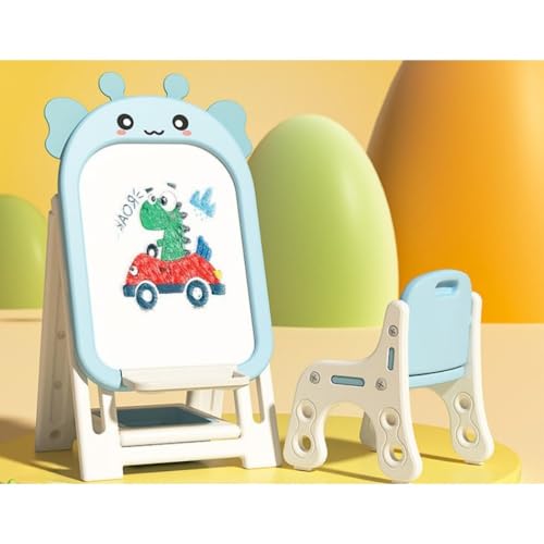 BRZU お絵かきボード、折りたたみ式、高さ調節可能、大画面、ライティングボード、黒板、ボード、マグネットペンボード、イーゼル、落書きボード、ハッピーホワイトボード、描画と消去、教育玩具、再利用可能、14歳未満の赤ちゃんに最適です。 (ブルー,製図板+椅子