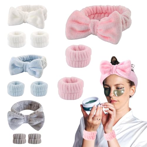 4er Pack Schleifen Haarbänder Kosmetik mit 4 Paaren Make-Up Tape Handgelenk Waschband, Korallenfleece Makeup Schleife Stirnband, zum Waschen Gesicht Dusche, Yoga, Hautpflege