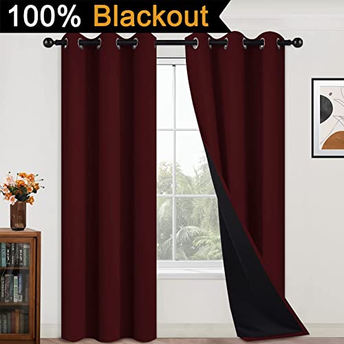Image of Yakamok Burgundy Red Blackout Curtains 84 Inches Long for Bedroom 42 inch Wide | Blackout Curtain Panels for Bedroom, 2 Thick Layers Grommet Top Thermal Insulated Drapes with Black Liner for Living Room