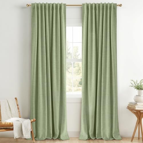 INOVADAY 100% Blackout Linen Curtains for Bedroom 50x90 Inches Sage