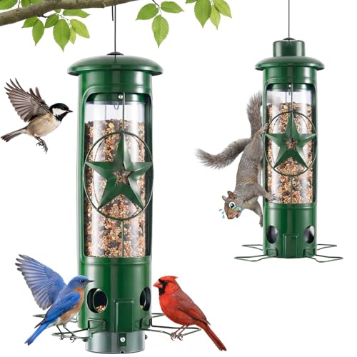 Squirrel Proof Bird Feeders for Outdoors Hanging, Metal Squirrel Proof Bird Feeder with Gravity Protection, 3LB Large Capacity Wild Bird Feeders for Outside Finch, Cardinal, Blue Jay (Green)