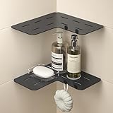 Bernkot Corner Shower Shelf 8'', Grout in Shelf w/Hooks, Heavy Duty 304 Stainless Steel Shelf L-Shaped for Bathroom (Matte Black)