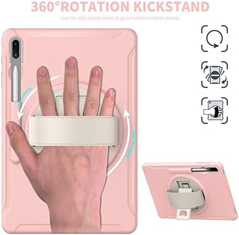Junfire Samsung Galaxy Tab S8 Plus / S7 FE 12.4 Inch Case 2022/2021, Galaxy Tab S7 Plus Tablet Case with Pen Holder Rotating Hand Strap Stand, Protective Rugged Case for S8+/S7+/S7 fe-Pink