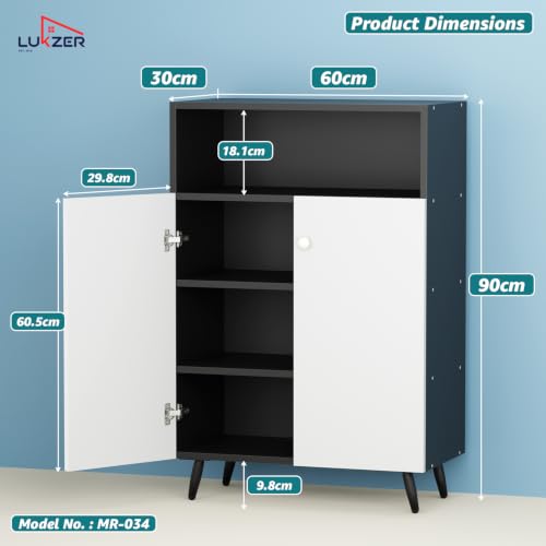 Image of Lukzer Wooden Book Shelf & Storage Cabinet with White Doors (MR-034 /Black) Engineered Wood Bookshelf for Home, Bedroom, Office & Kitchen, Multipurpose Books Organizer & Display Rack (90x30x60 cm)