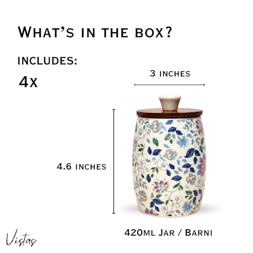 Image of Vistas 'Blue Bloom' Set of 4 Airtight 420ml Ceramic Jar for Kitchen Storage | Handcrafted Ceramic Barni with Wooden Lid | Multipurpose Pickle, Spice & Salt Container