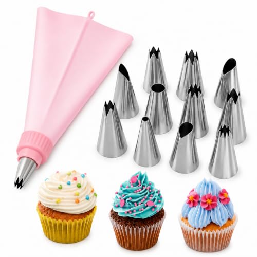 Image of Curated Cart 12 Pcs Cake Decorating Set, Piping Tips, Nozzles for Frosting Icing Piping Bag, Used for Pastry, Cakes, Cookies & Muffin Decoration, Reusable Piping Bag Included