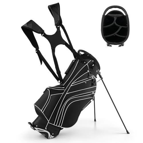 Goplus Golf Stand Bag, Lightweight Golf Club Bag with 6 Way Top Dividers, 8 Pockets, Cooler Bag, Rain Hood, Dual Shoulder Strap, Umbrella Holder, Portable Golf Bag with Stand for Women Men (Black)