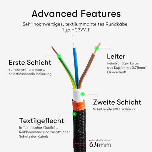 Textilkabel für Lampe, Stoffkabel 3-adrig (3x0,75mm²), Schwarz - 3 Meter