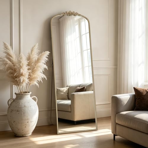 WallBeyond Gold Vintage Full Length Mirror with Stand for Vanity 22x65 Inch, Gold Antique Mirror with Ornate Frame, Arched Vintage for Bathroom, Living Room, Bedroom, Entryway