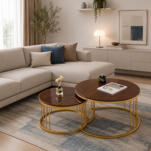 Image of Coffee Table Round Sofa Small Side Table Nesting Table, Modern Negotiation Table Combination Table, Suitable for Living Room Bedroom Side Table (Golden Brown)