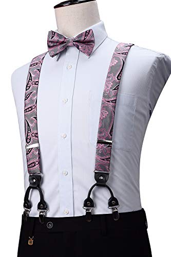 Image of HISDERN Suspenders for Men Paisley Floral Bow tie Suspender Pocket Square Sets Adjustable Y Shape 6 Clips Wedding Braces