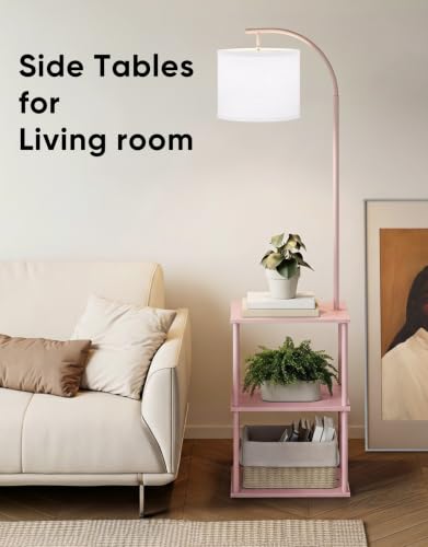 Image of PARTPHONER Floor Lamp with Table, Night Stand with Lamp, Narrow Side Table with 3CCT LED Bulb, Small Coffee Table, Modern End Table with Storage Shelves for Living Room Bedroom Home Decor Pink