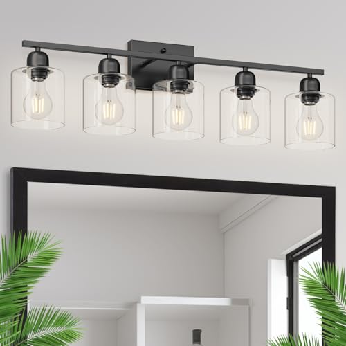 Image of Modern 5 Light Bathroom Vanity Light, 31 inch Black Bathroom Lights Fixtures, Vanity Lights with Clear Glass for Mirror Kitchen Living Room Hallway Cabinet Porch