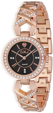 Ladies Quartz Watch Rose Gold Crystal Accented 3ATM Waterproof Black Dial Stainless Steel Band