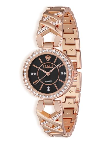 O.M.J Ladies Quartz Watch Rose Gold Crystal Accented 3ATM Waterproof Black Dial Stainless Steel Case (Rose Gold)