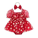 Newborn Baby Girl Romper Dress Bubble Short Sleeve Daisy Mesh Tutu Tulle Princess Dress Birthday Photo Spring Summer Clothes Outfit (Daisy Red, 3-6 Months)