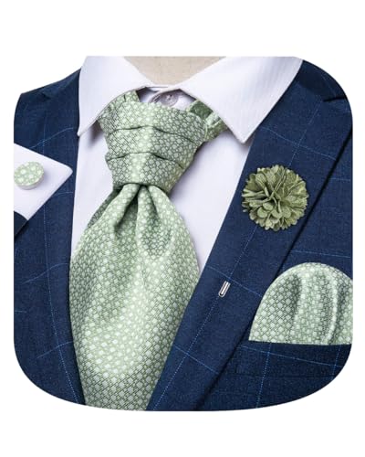 Image of DiBanGu Mens Silk Ascot Ties Paisley Jacquard Woven Cravat and Pocket Square Cufflinks with Lapel Pin for Business Wedding