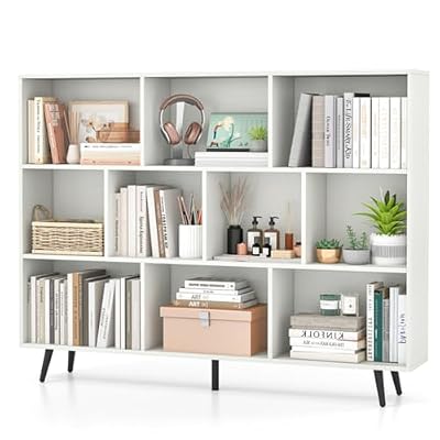 LOVEZOE 55 Inch Wide Bookcase with 10 Storage Cubes, White Display Shelf with 5 Metal Legs, Mid Century Storage Unit for Home Office, 55” L x 9.5” W x 42” H