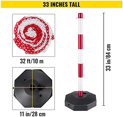 VEVOR Plastic Stanchion, 4pcs Chain Stanchion, Plastic Stanchion Kit with 32ft Chain 8 S-Hooks, PE Plastic White Stanchion for Warning/Crowd Control at Parking Lot, Construction Lot, Driveway Elevator