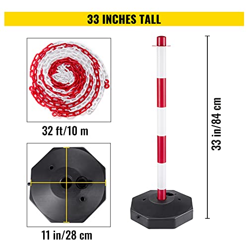 VEVOR Set von 4 Absperrpfosten und 1 Kunststoff-Kette von 10 m Rot und Weiß, Sperrpfosten, Poller Aus PE-Kunststoff für die Verkehrskontrolle oder Warnung an der Auffahrt, Garage, dem Tor usw. Rot