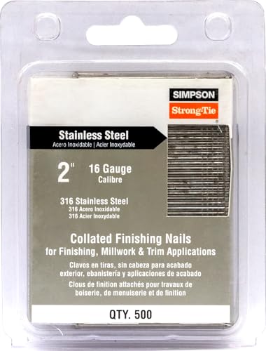 Simpson Strong-Tie T16N200FNB Straight, Adhesive Collation, T-Style Head, 16-Gauge Finishing Nail — 2 in. Type 316 (500-Qty)