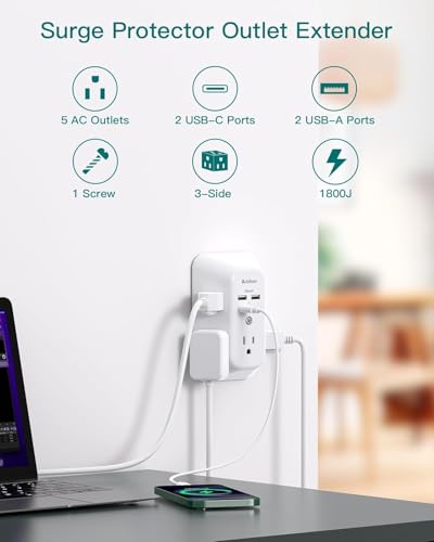 2 Pack USB Wall Charger Surge Protector, Multi Plug Outlet with 5 Outlet Extender and 4 USB Charging Ports (2 USB C Outlet) 3 Sided 1800J Power Bar for Home Travel Office image 7