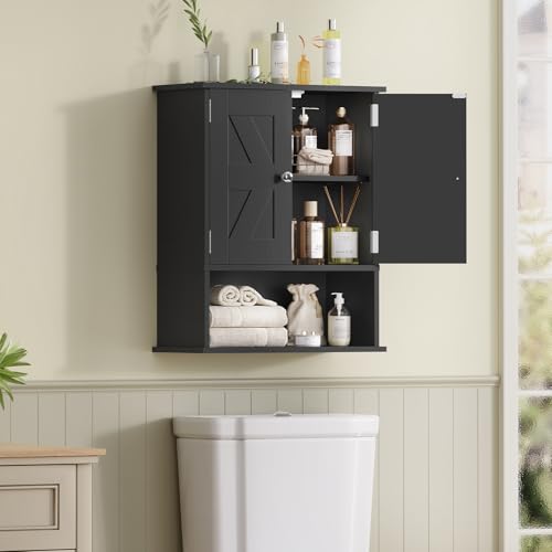 Image of TEENFON Bathroom Wall Cabinet Over the Toilet Storage Cabinet with Barn Doors and Adjustable Shelves Bathroom Cabinet Over Toilet for Bathroom, Kitchen, Laundry Room,Black
