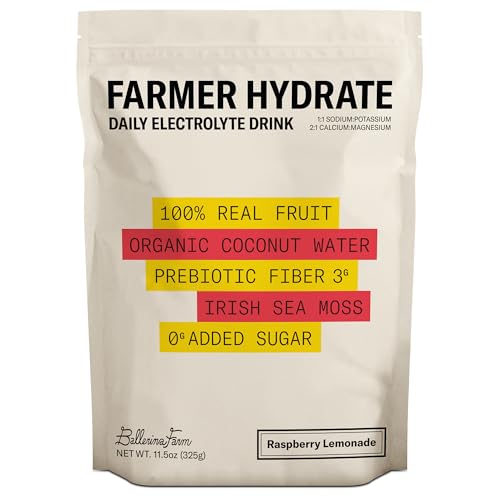 Ballerina Farm Farmer Hydrate Daily Electrolytes Powder Raspberry Lemonade Hydration Drink Mix with Organic Coconut Water Irish Sea Moss Sea Salt Prebiotic Fiber No Added Sugar 25 Servings