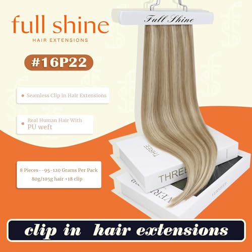 Image of Full Shine Clip in Hair Extensions Human Hair Dark Blonde Mix Light Blonde Seamless Hair Extension Clip ins PU Weft for Women 20 Inch 8 Pcs 120g