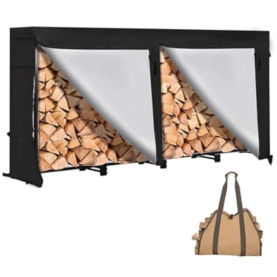 LOENIY 8ft Firewood Rack Outdoor with Waterproof Widened Cover, Heavy Duty Firewood Holder includes 2 Lateral Rods, Powder-coated Wood Rack with Carrier Bag, Firewood Storage Rack