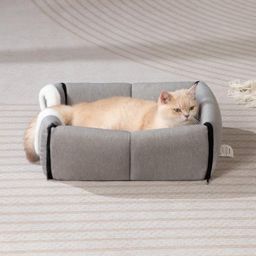 Hollypet Katzenbett Kleiner Hundebett, Haustierbett aus Leinen 2-in-1 Faltbares Katzenhöhle, Warmes Höhlennest für Katzen & Kleine Hunde, Grau