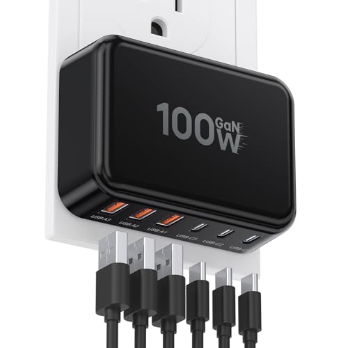 Image of Fast Charger Block, GaN 6 Port USB C Charging Station Hub Cube, 100W Multiport Type C Wall Charger Power Strip Plug with PD 3.0+QC for iPhone 13 14 15 16 17 Pro Max XR XS 8 7, Samsung, iPad, Table