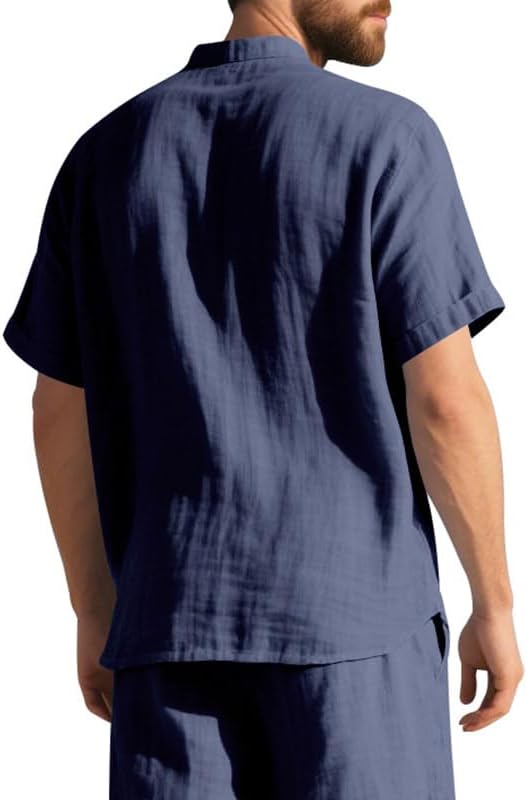 Men's Cotton-Linen Shirt - Short Sleeve Button Down Breathable Business Casual Shirt with Pocket for Vacations - Image 2