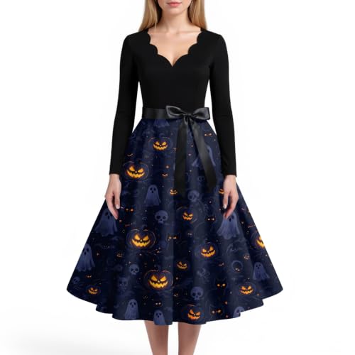 Vestido de Halloween para mujer midi de manga larga y falda evasé con bajo ondulado elegante