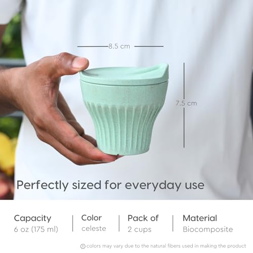 Image of Eha Earth Friendly Rafter Coffee Mug with Lid | Tea Cup Set | 175 ml | Made with Rice Husk | Microwave Safe Mugs for Gifting | 2 Unit | Celeste