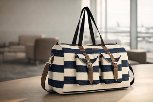 Image of ENSAC Premium Cotton Jacquard Travel Duffle Bag for Men & Women | Cabin Size Weekender & Holiday Luggage Bag | Stylish Unisex Carry Bag | Black-Beige