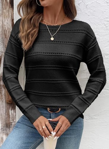 Image of SHEWIN Women's Sweaters Crew Neck Crochet Sweater Lightweight Knit Long Sleeve Tops Shirts Loose Fit Spring 2026