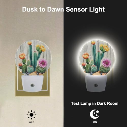 Image of Cactus Night Light Tropical Cacti Desert Green Plant with Flowers on Wooden Blank Night Lights Plug into Wall Auto on /Off LED Lighting for Home Hallway Stairway Kitchen