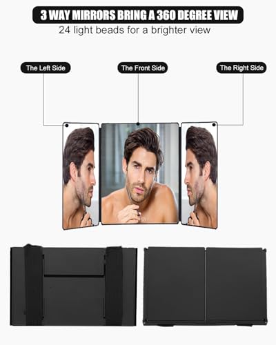 360 Grad Spiegel, 3 Wege Spiegel mit Haken, Tragbarer Kosmetikspiegel, Höhenverstellbarer und Faltbar, Rasierspiegel mit 10X Vergrößerungsspiegel, für Haarschnitt, Rasieren, Schminken, Haarstyling