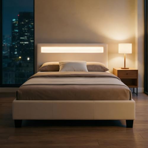 CARO-Möbel Polsterbett MIRASOL 120x200 cm, Weiß - Einzelbett mit LED Beleuchtung im Kopfteil, inkl. Fernbedienung, Jugendbett aus Kunstleder mit Lattenrost