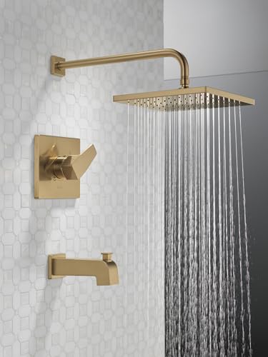Image of Delta Modern 14 Series Square Rain Bathtub and Shower Faucet Set, Rainfall Brushed Gold Shower Head and Handle Set, Valve Trim Kit, 10 Inch, Champagne Bronze T14468-CZ-PP (Valve Not Included)