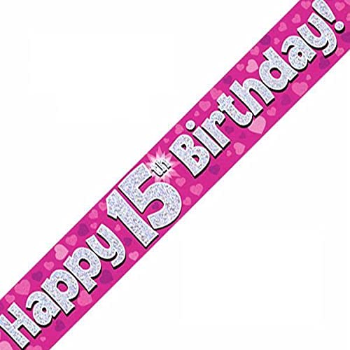 9ft Banner Happy 15th Birthday Pink Holographic