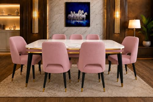 Image of WOODEN SPACE 6-Seater Wooden Dining Table Set | Nano Composite Marble Top | Solid Wood Base | Modern Dining Room Furniture with 6 Chairs (Pink Vintage)