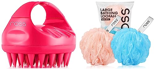 Image of Ross Hair Scalp Massager Shampoo Brush with Soft Silicone Bristles, Pink & ross Large Bath Loofah Sponge Scrubber Exfoliator for High Lather Cleansing (Peach and Blue)