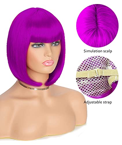Image of LIULIUBTY Short Bob Hair Wigs Straight with Flat Bangs Synthetic Colorful Cosplay Daily Party Neon Wig for Women + Free Wig Cap 17 inch Natural As Real