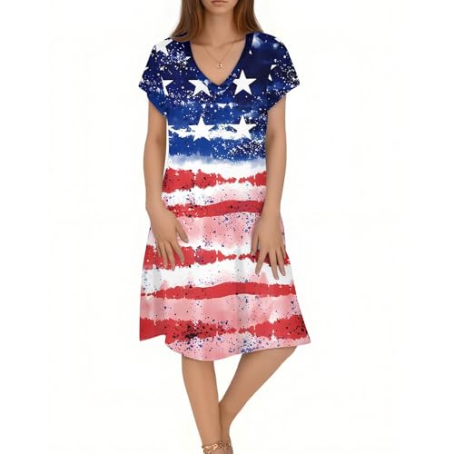 Red White and Blue Dress for Women Festival Independence Day Lounge Fashion Short Sleeve Stars Stripe Maternity O Neck Fourth of July Outfit Vestidos De Verano para Mujer 2025